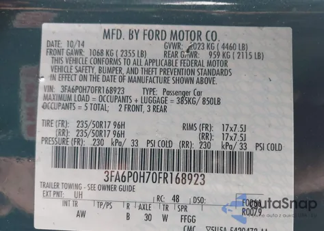 2015 Ford Fusion Se from USA, damaged, VIN 3FA6P0H70FR168923